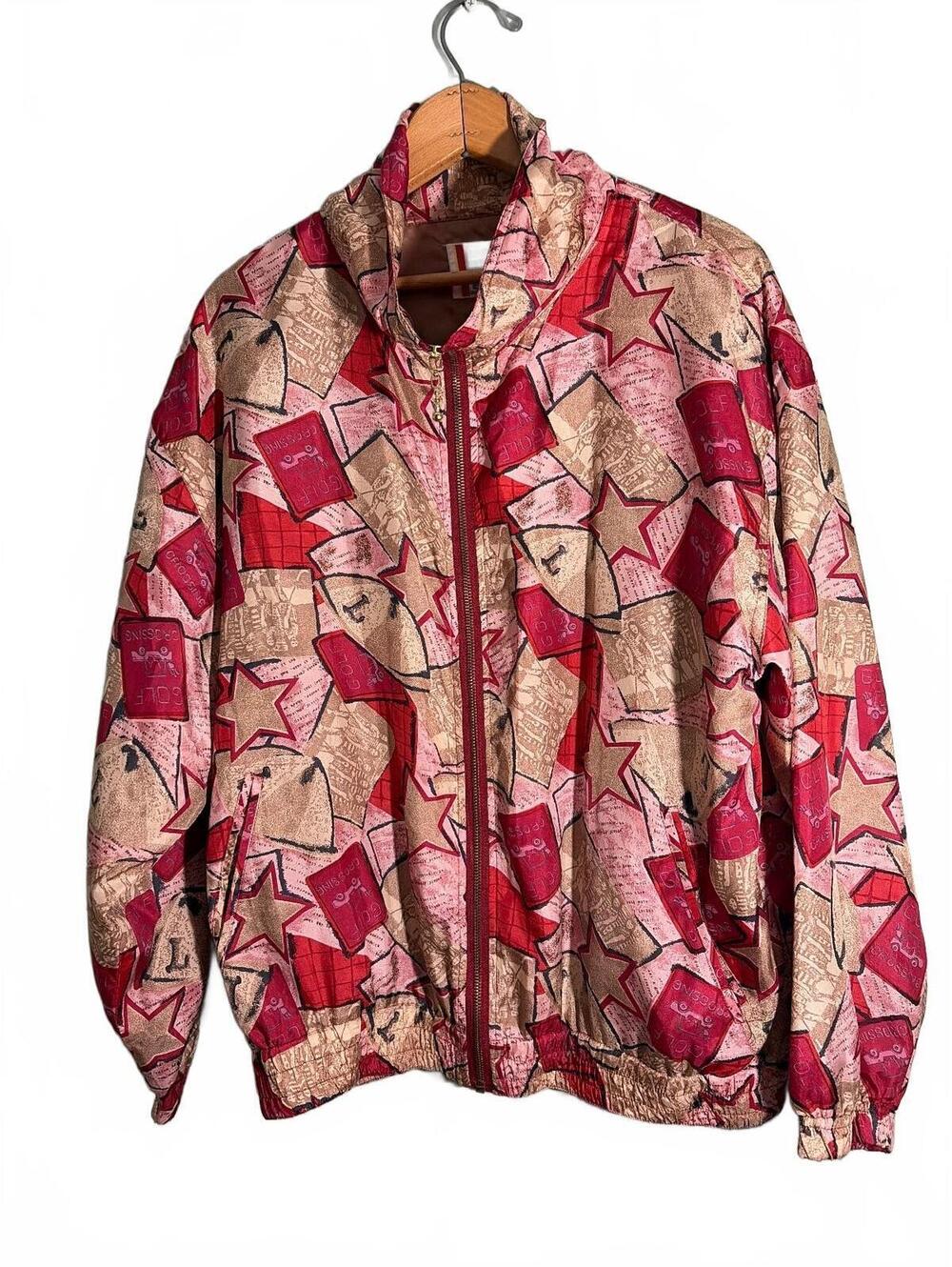 Vintage EVR Silk Bomber Jacket with Red and Beige Star/ Golf Print Medium